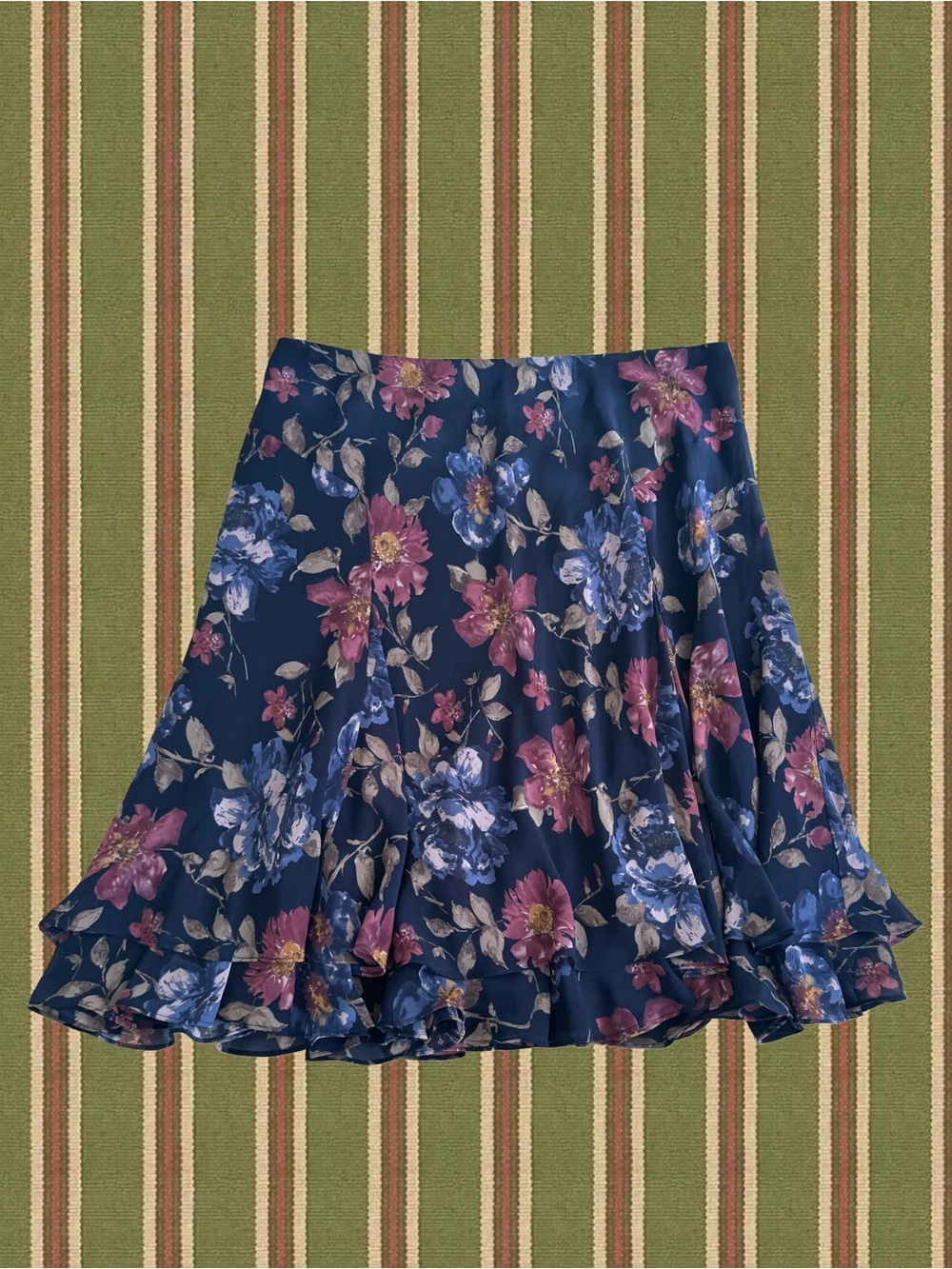 Chaps Navy Floral Midi Skirt with Ruffle Hem